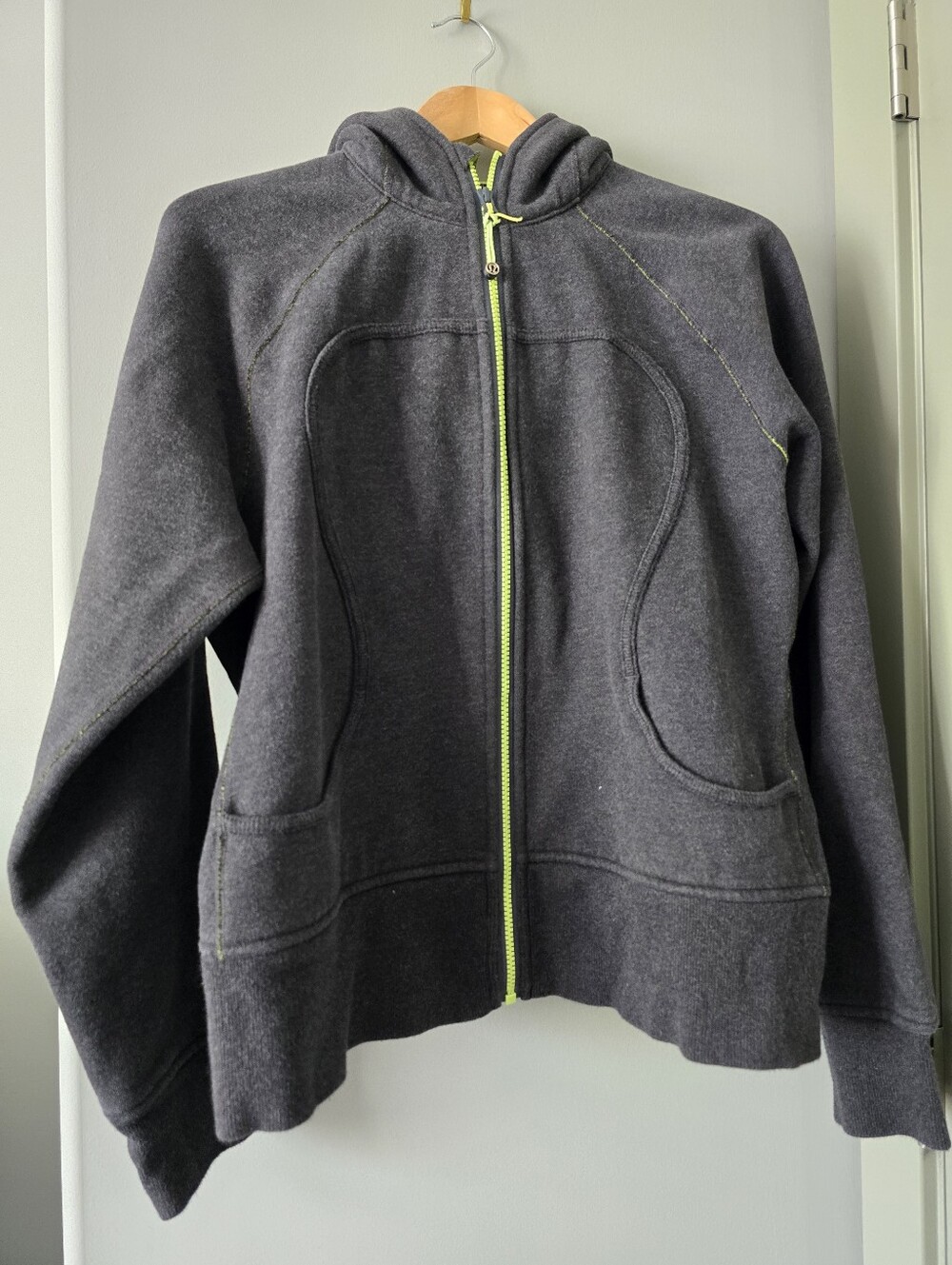 lululemon athletica Scuba Gray Hoodie with Lime Zipper.size 12